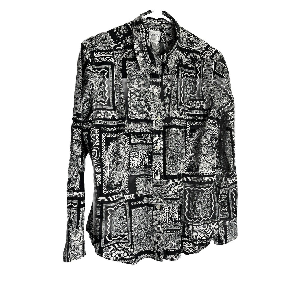 Chicos Button Down Boho Stamp Art Print Sleeve Blouse Shirt Womens 2 US L  (13)